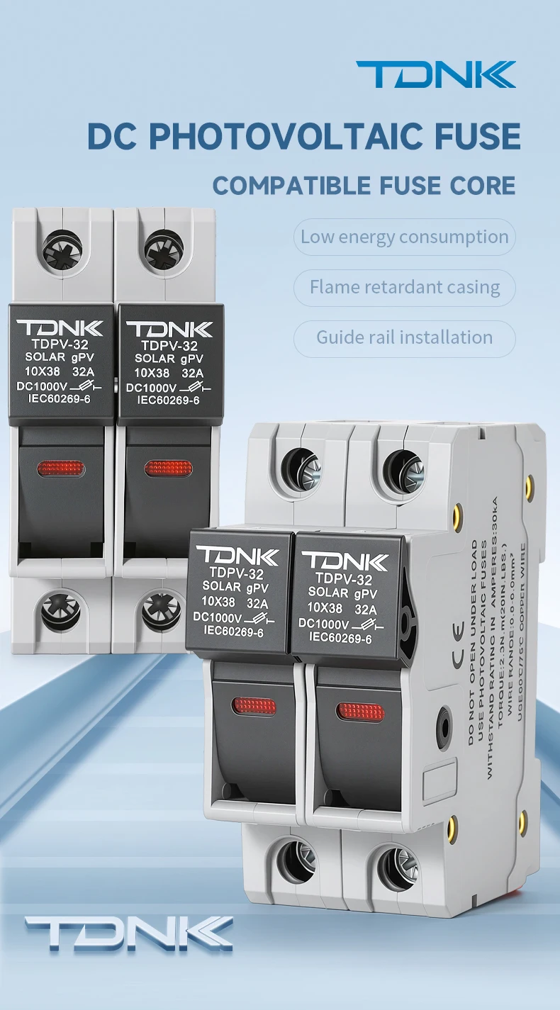 TDNK 2P DC1000V 32A Solar-PV-Sicherungshalter mit 2 Stück 10×38mm PV-Sicherungen, LED-Anzeige, DIN-Schienenmontage – Detail 1