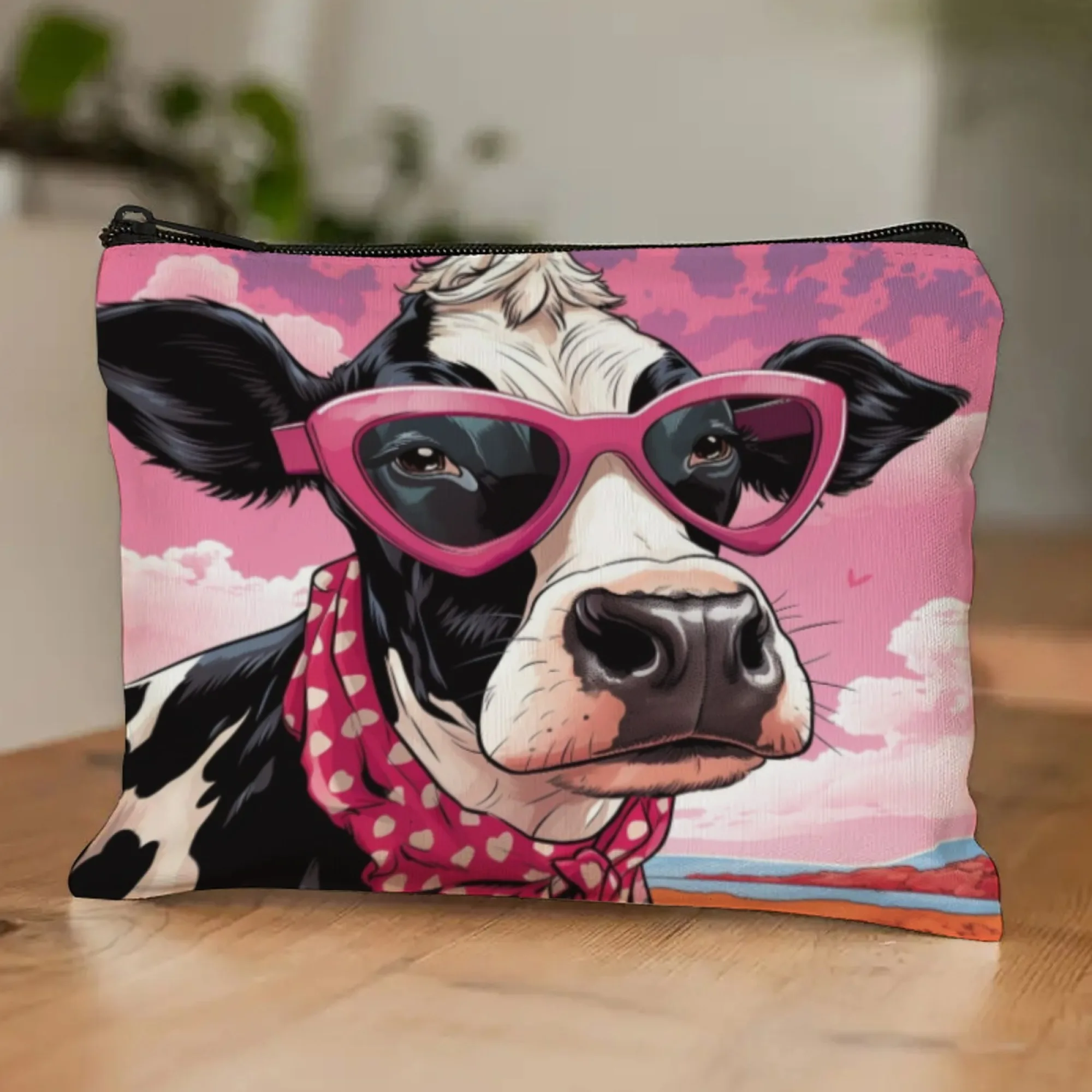 

Ретро розовая дорожная косметичка с коровьим принтом, портативная сумка для хранения макияжа, кошельки, женский органайзер на молнии для макияжа, клатч для хранения