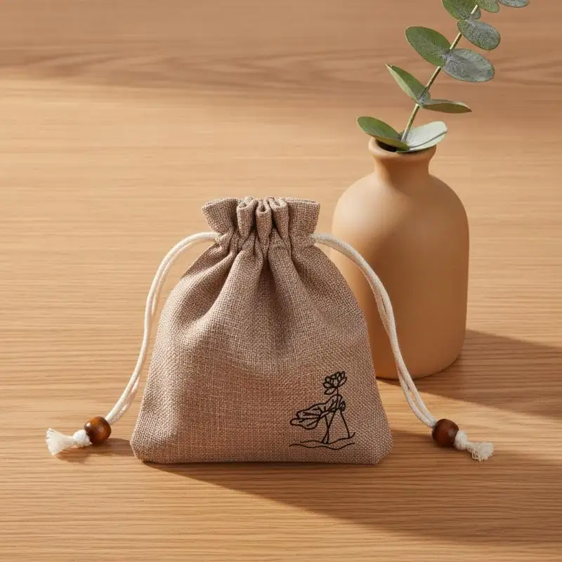 Lot de 2 sacs en toile de jute avec cordon de serrage, motif lotus, pochette de mariage, emballage de Noël, sacs cadeaux pour pierres précieuses