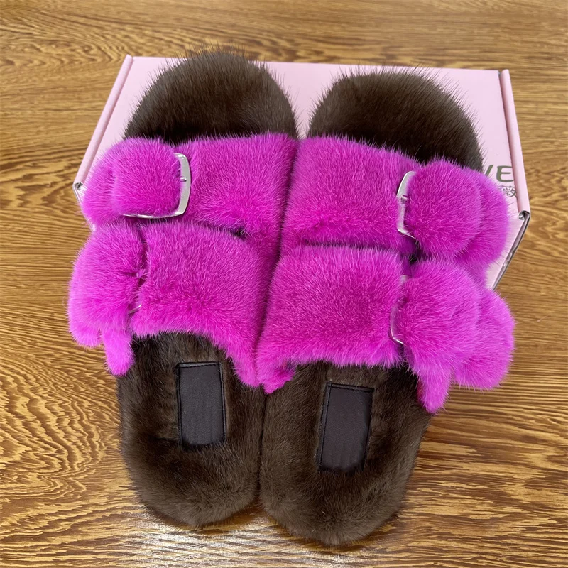 European Station Luxury Fashion Fur Slippers High Quality Mink Slippers Ladies 100% Mink Fur Slippers Summer Slippers