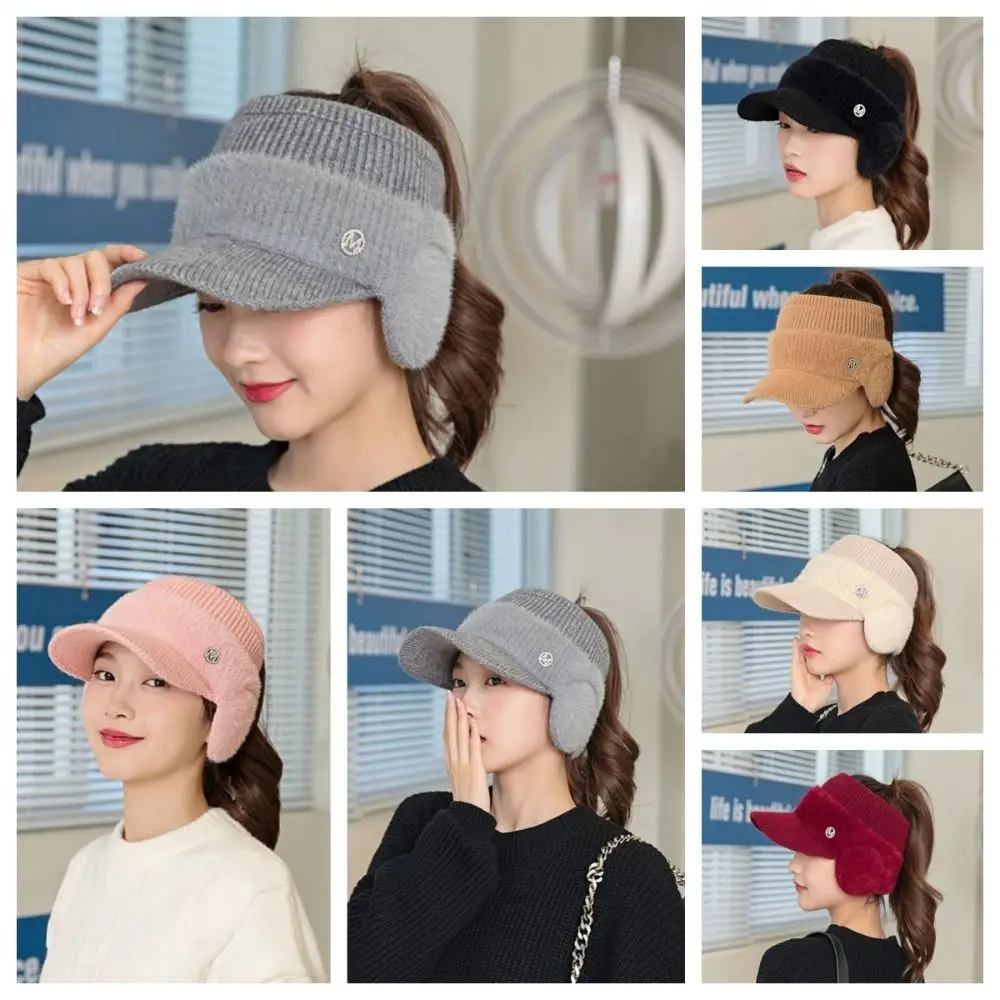 

Solid color Empty Top Baseball Cap Windproof Ear Protection Knitted Fleece Hat Sun Hat Thickened Knitted Baseball Hat Girl