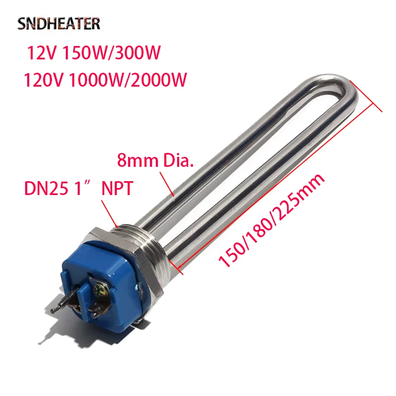SNDHEATER 1 "NPT موضوع خزان المياه عنصر التدفئة الجهد المنخفض 12 فولت 120 فولت الشمسية U نوع الغليان المقاومة 150/300/1000/2000 واط 180 مللي متر