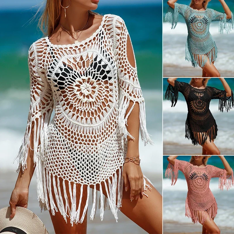 

BWQ New Style Women Crochet Knitting Hollow Tassel Bikini Cover Up Sexy See-Through Summer Beach Sunscreen Smock Short Dress