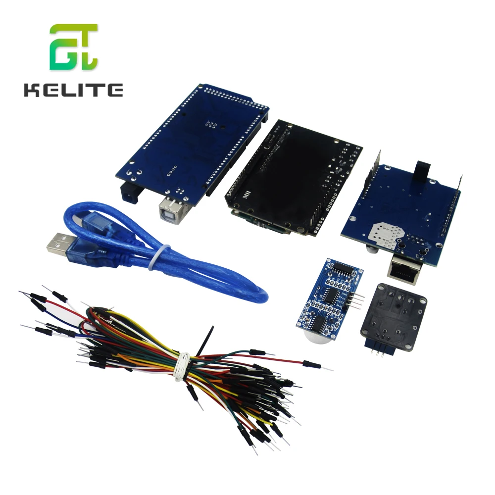 مجموعة Mega 2560 r3 + HC-SR04 + كابل اللوح + وحدة التتابع + W5100 UNO Shield + LCD 1602 Keypad Shield