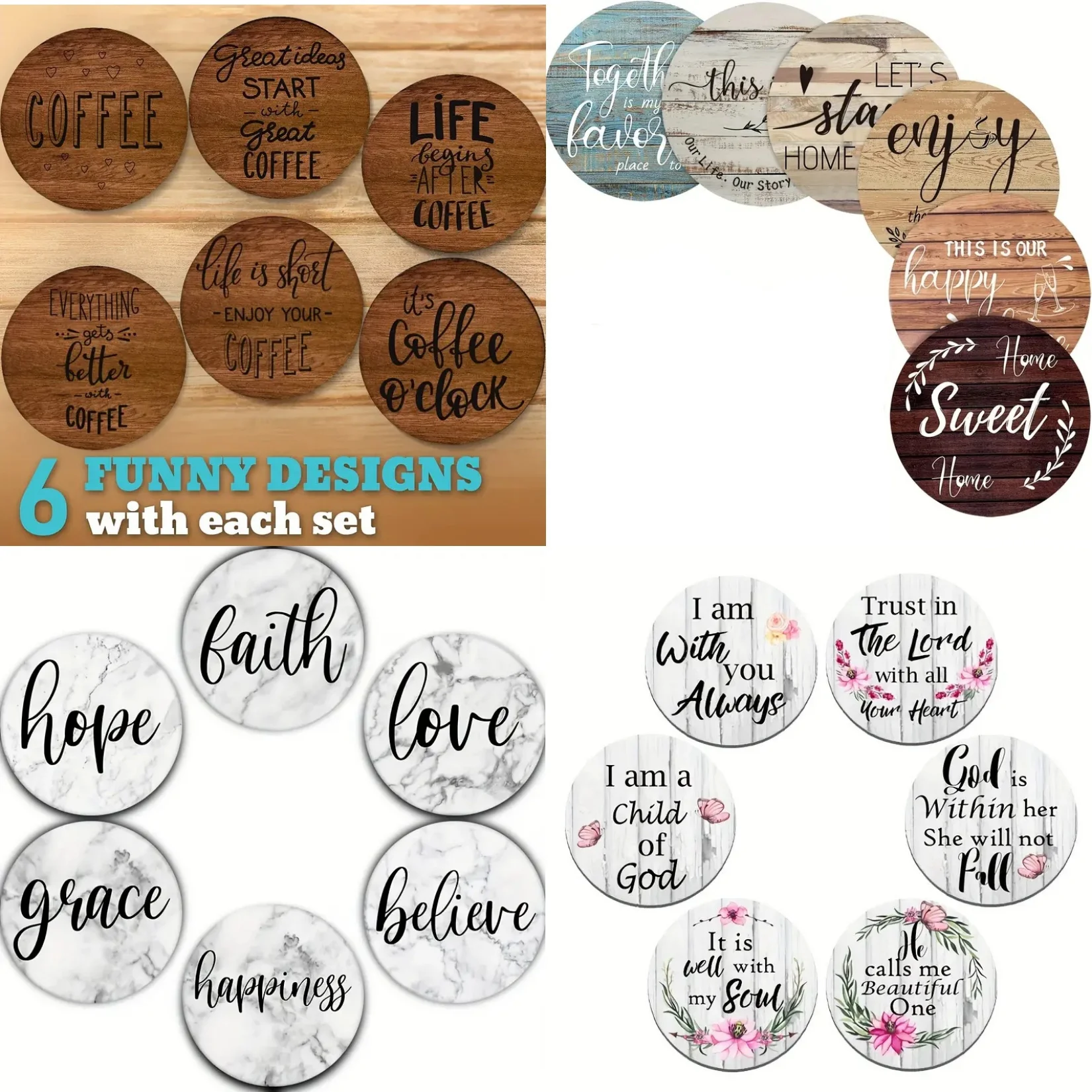 

6 pieces of circular inspirational letter drawing painted wooden wooden table art coaster, suitable for adult office coffee mat