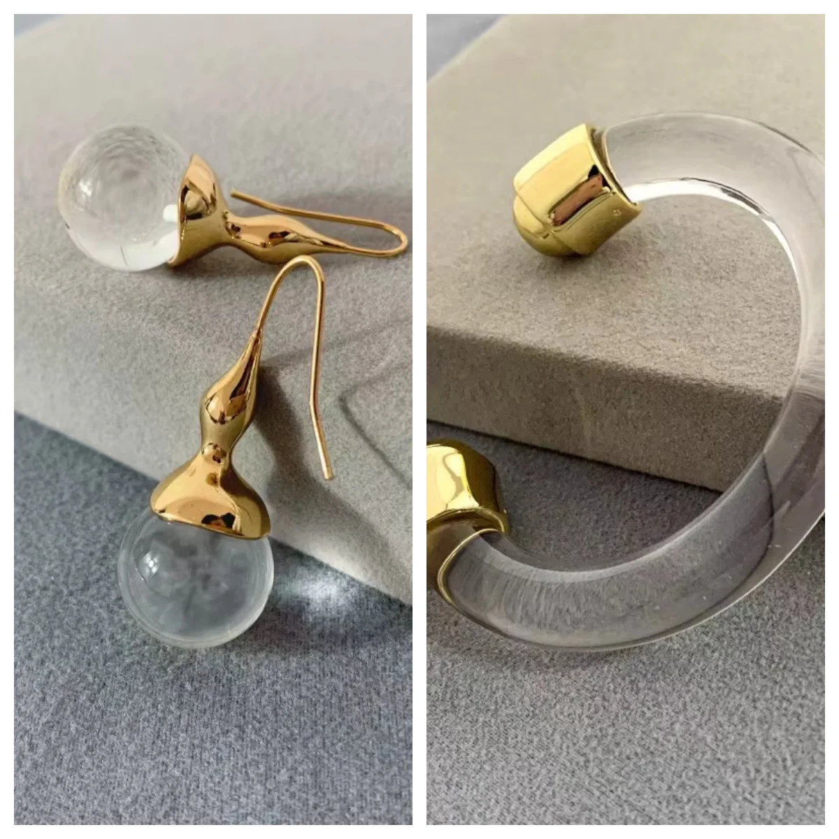 

18K Gold Plated Clear White Crystal C Shaped Bracelets & Earrings Jewelry Set Eye Catching Trendy Women Jewelry Custom/Wholesale