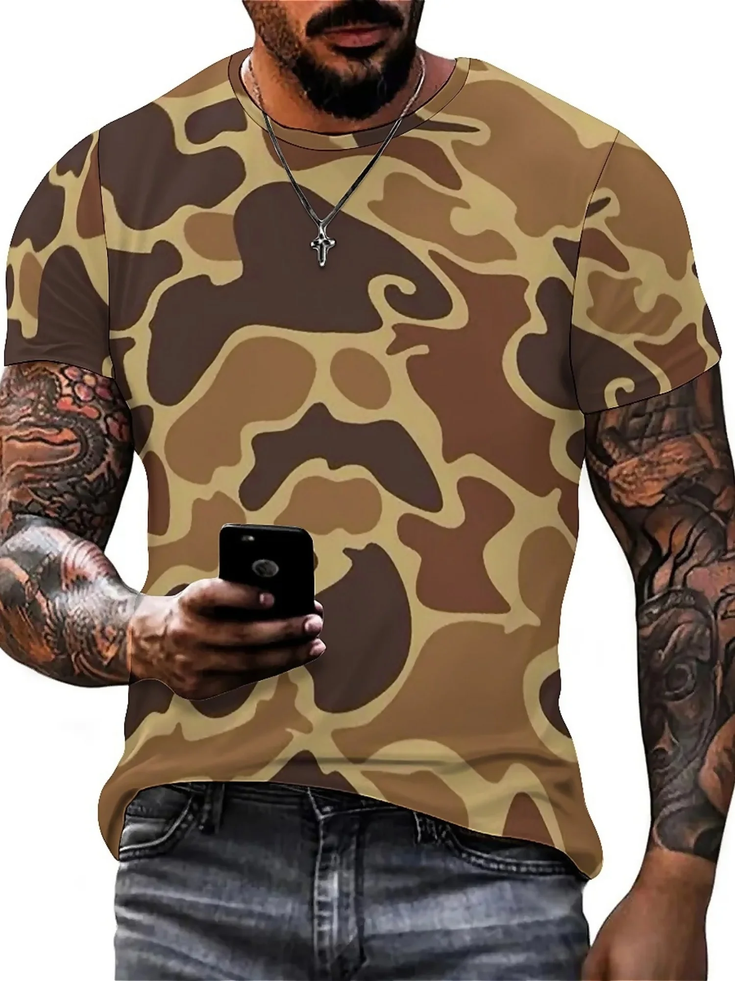 Men'S Hip-Hop Style Camo T-Shirt - 3D Digital Print, Short Sleeve, Comfortable Polyester, Durable & Fun Pattern, Plus Size