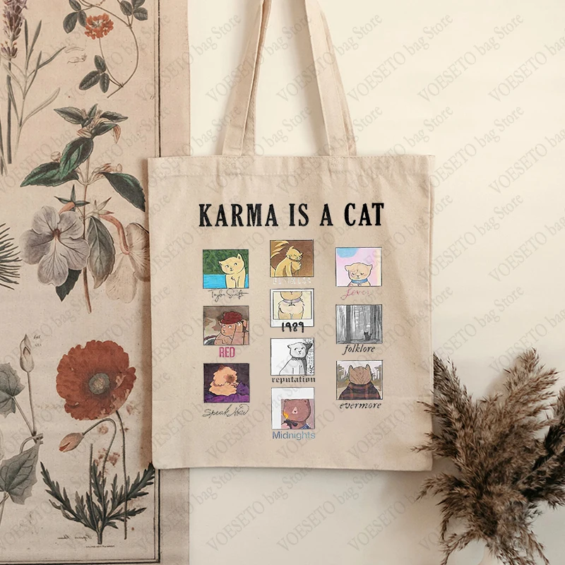 Karma Is A Cat Pattern Totes Kawaii Cat Graphic Canvas Tote Bag Large Capacity Reusable Aesthetic Shopper Handbags for Women