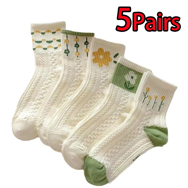 5 Pairs Flowers Socks Women Cotton Breathable Sweet Style Summer Socks Set Korean Cute Mid Tube Floral Sock