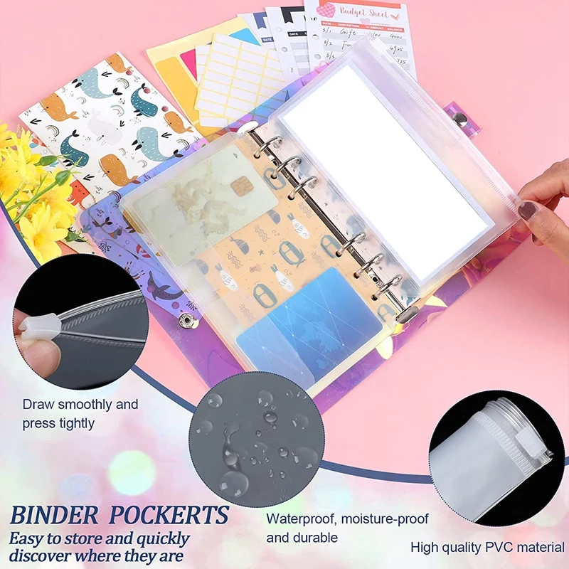 A6 PVC Binder Cover,Budget Envelope, Storage Card Bags,Blank Stickers For 6-Ring Cash Envelopes,Daily Money Planner