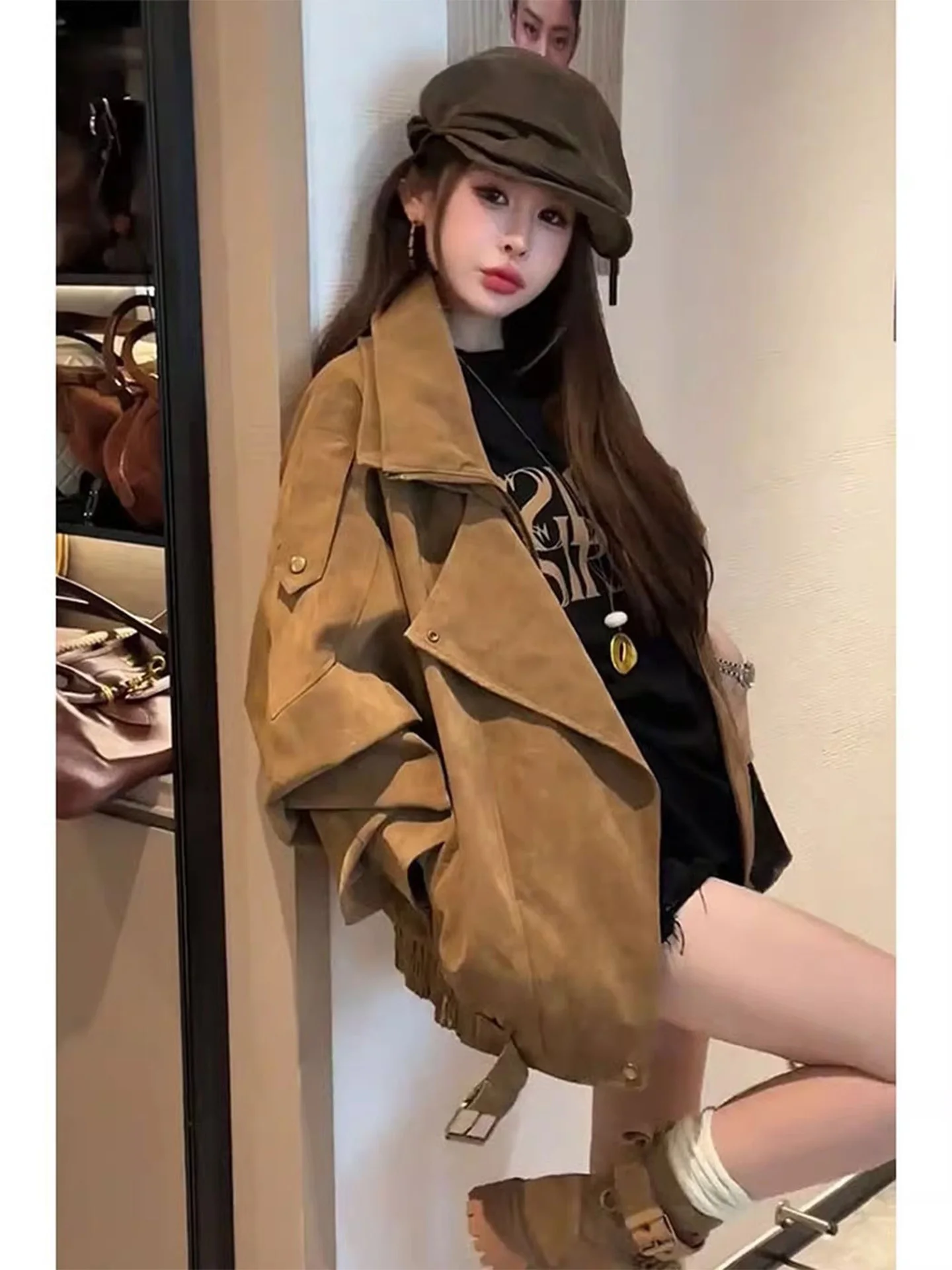 

Ретро-куртка из замши для женщин, свободного кроя, с отложным воротником, в стиле рабочей одежды, осенне-зимняя модная верхняя одежда, короткое пальто