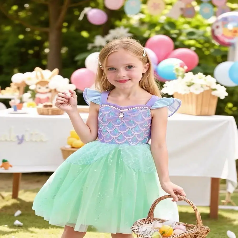Vestido de Princesa com Lantejoulas para Apresentação, Vestido de Aniversário para Menina, Roupa de Festa Temática de Sereia com Saia de Tule e Alças
