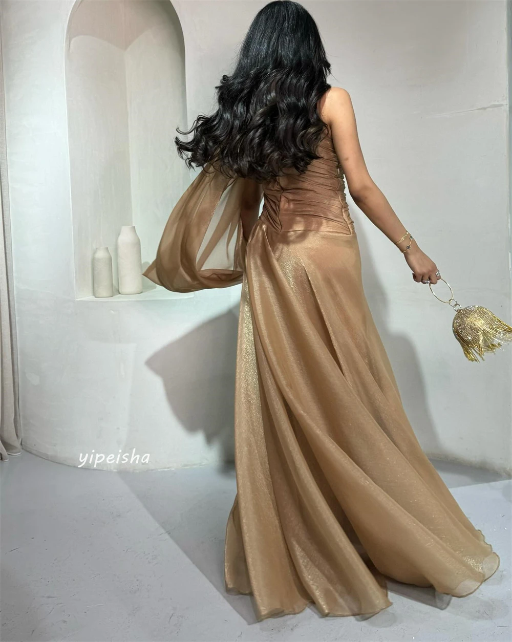 Customized  Organza Draped Pleat Formal Evening A-line High Collar Bespoke Occasion Gown Long Dresses Saudi Arabia