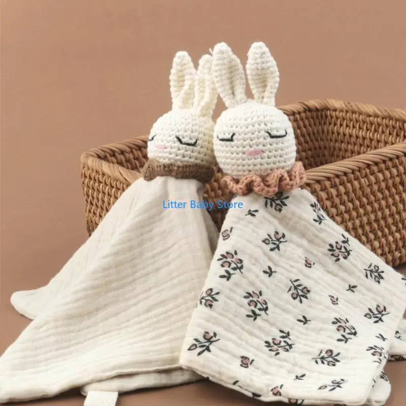 

N80C Breathable Security Blanket Drool Bib Crochet Rabbit Soothe Towel Teething Bib
