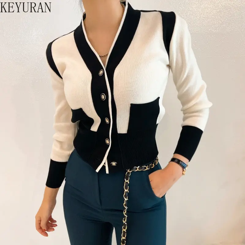 Color-blocking Button Long Sleeve Knitted Sweaters Women\'s Cropped Cardigan Korean Autumn V-neck Single-breasted Sweater Jacket