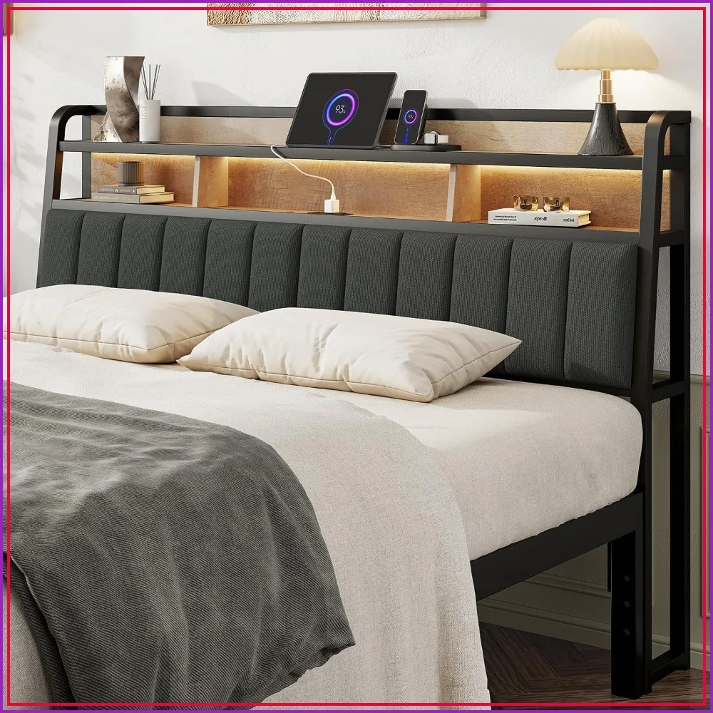 King Headboard Only with Storage & Charging Station, Black and Brown