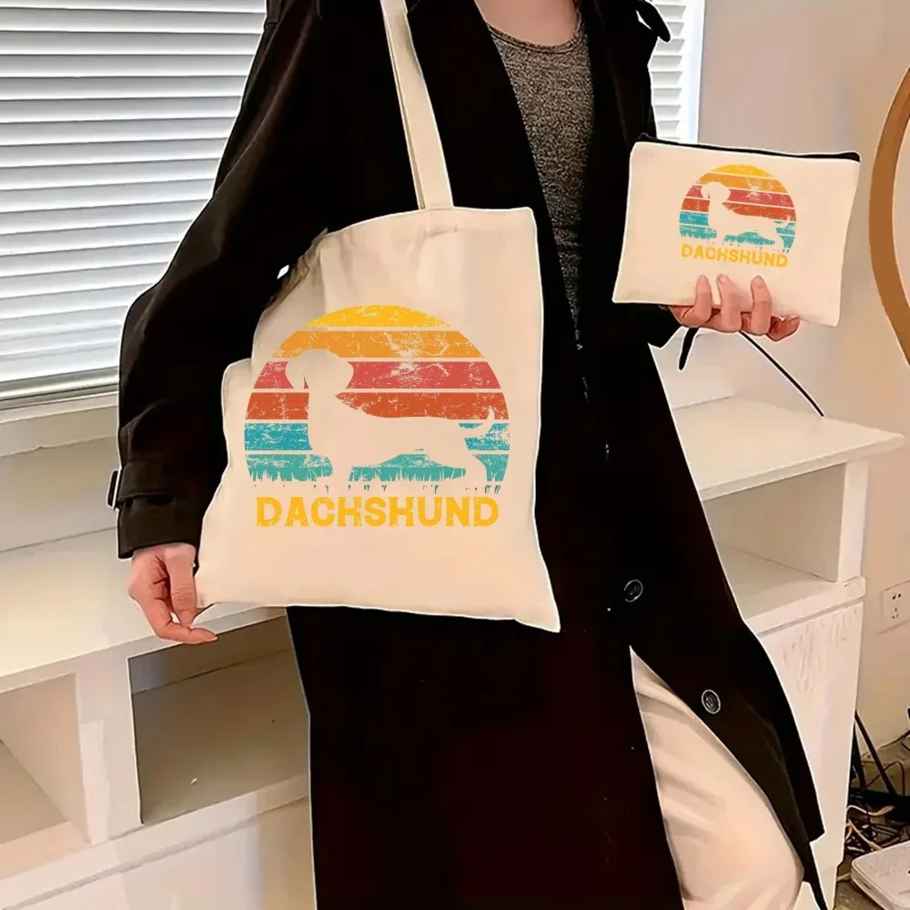 2pcs/set Dachshund Teckel Cute Dog Print Tote Bag Large Capacity Shoulder Bag Women's Casual Handbag for Work School Shopping - view 6