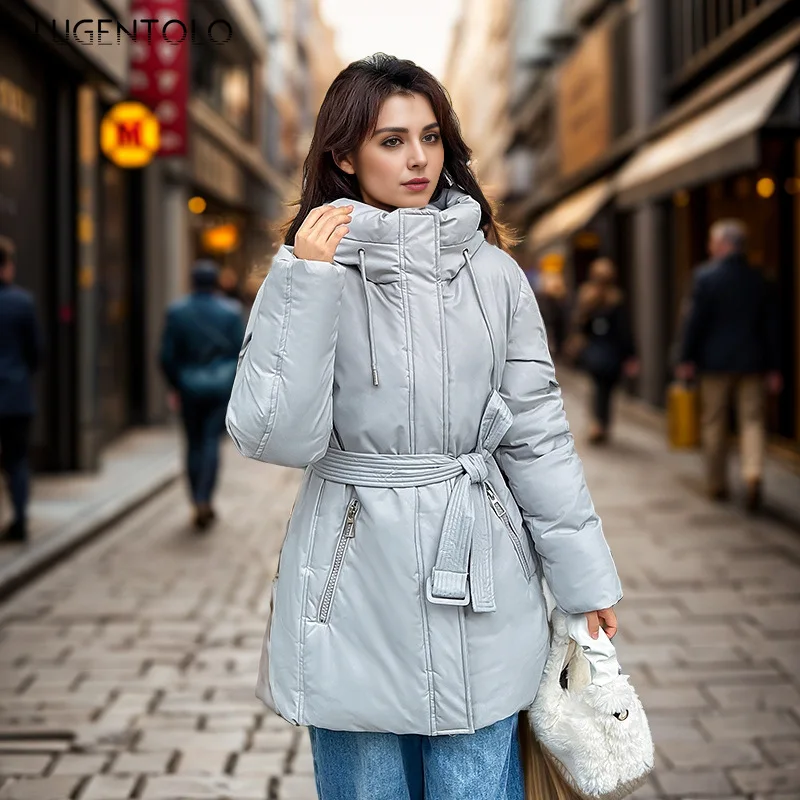 Women Casual Parkas Mid Length Thickened Down Cotton Thermal Jacket Fashion Lace-up Cinched Waist Hooded Coat Elegant Party Wear