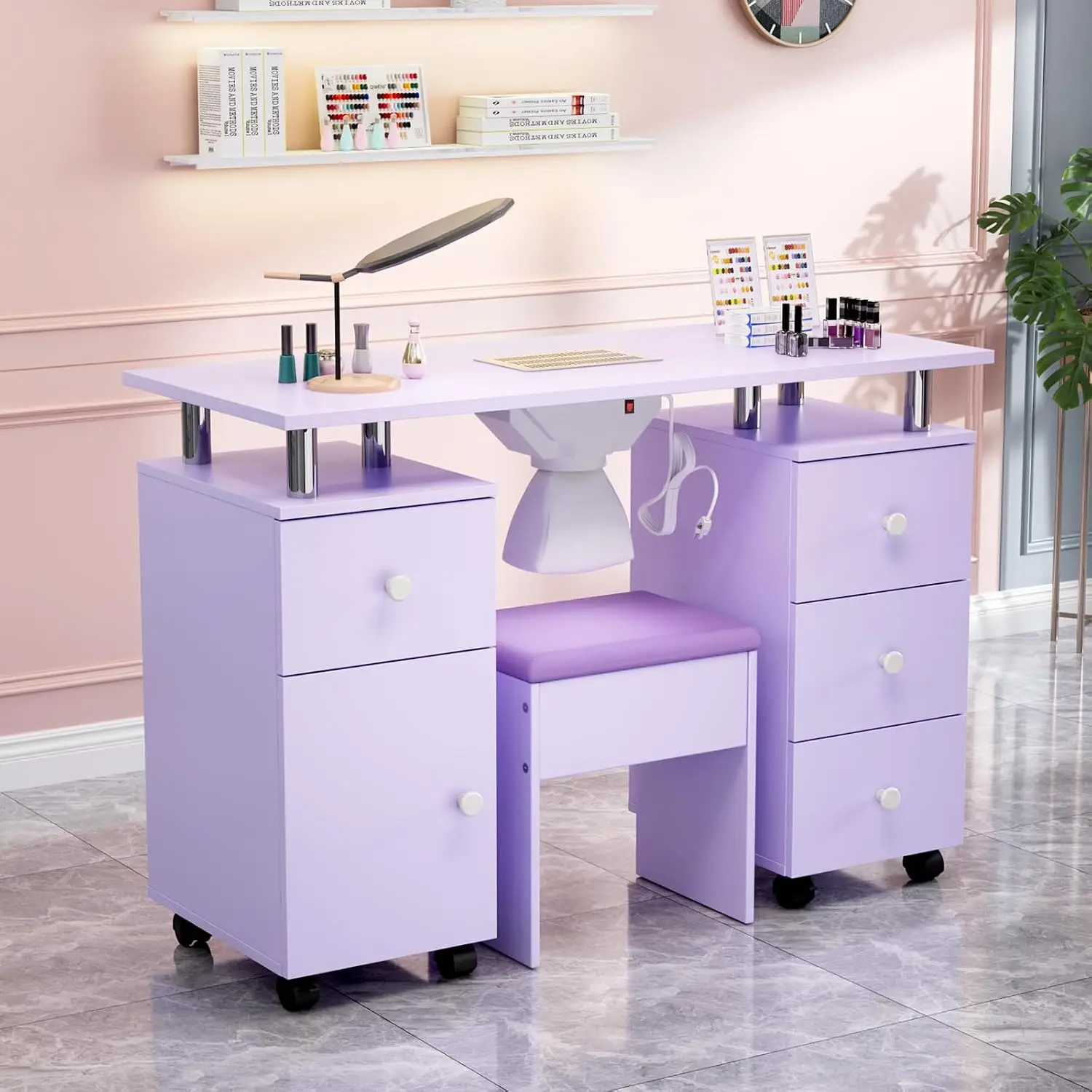 Nail Desk Chair Set Manicure Table Dust Collector Arm Rest 8 Wheels Acetone Resistant Desktop Drawers Cabinet Storage Makeup Bea