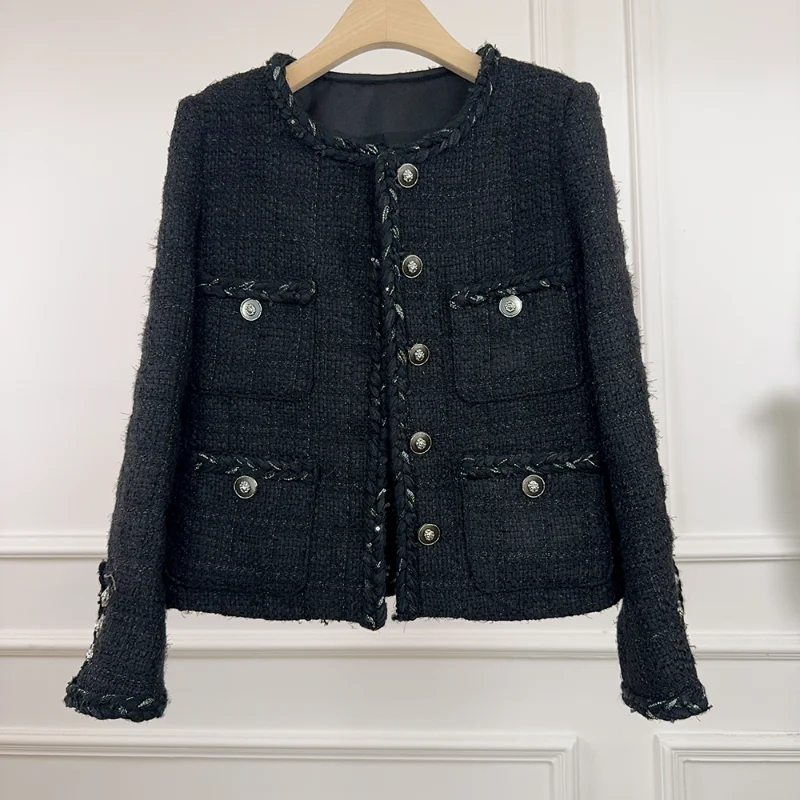 

High Quality Black Fragrance Short Coat Women O Neck Ribbon Studded Buckle Multi-pocket Long Sleeve Basic French Tweed Coat