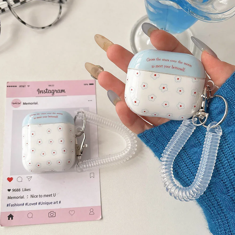 Blue Floral Pattern Case With Spring Pendant For Airpods4 Anc Airpods1/2 Airpods3 Airpods Pro Pro2 Soft Flower Headphone Covers