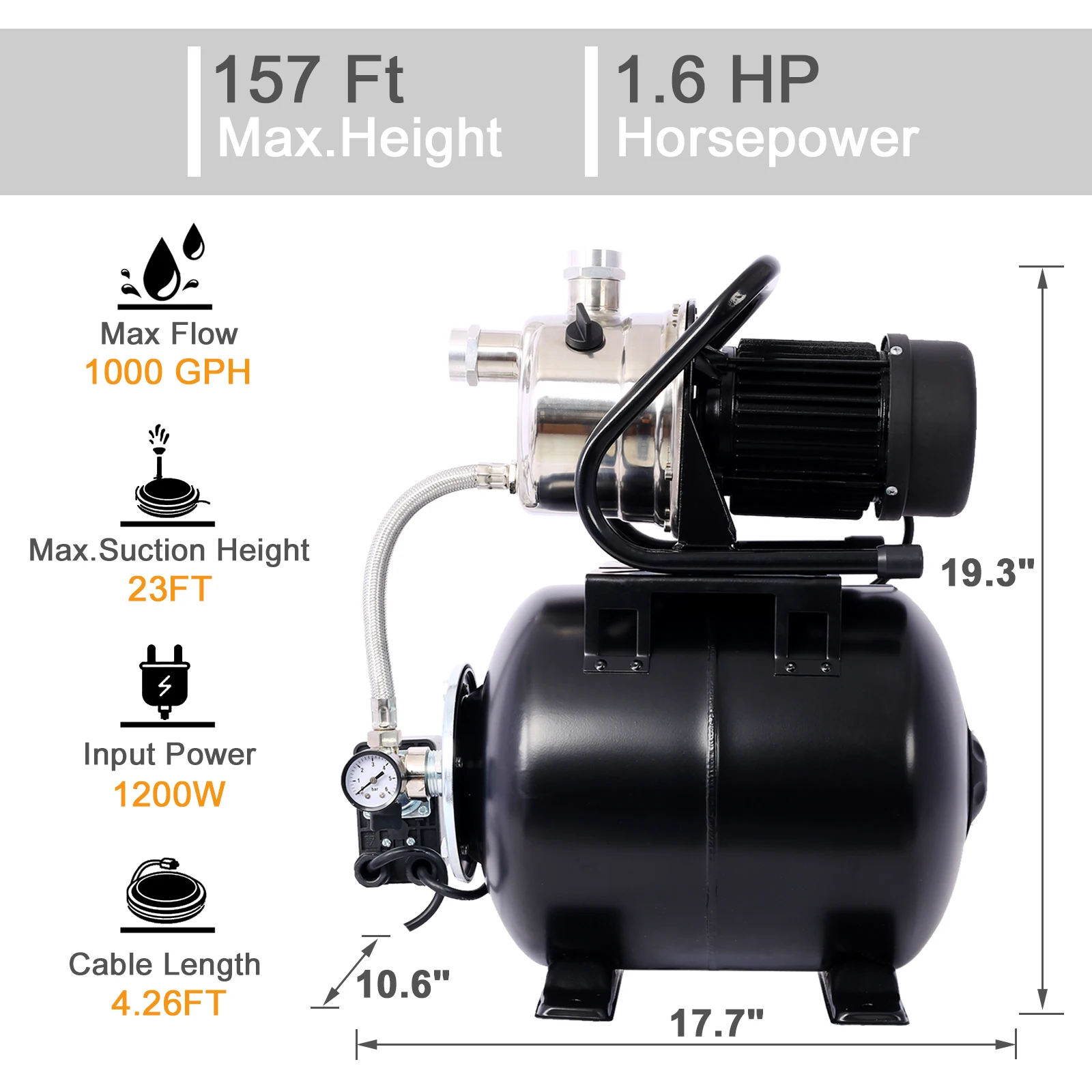 Bomba boa rasa com tanque de pressão, impulsionador automático da água para o gramado home do jardim, irrigação, 1.6HP