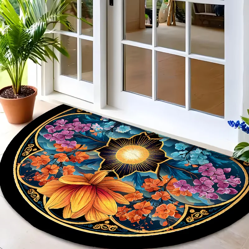 Colorful Retro Kaleidoscope Motif Semi Circle Rug Commercial Welcome Doormat For Supermarket Mall Restaurant