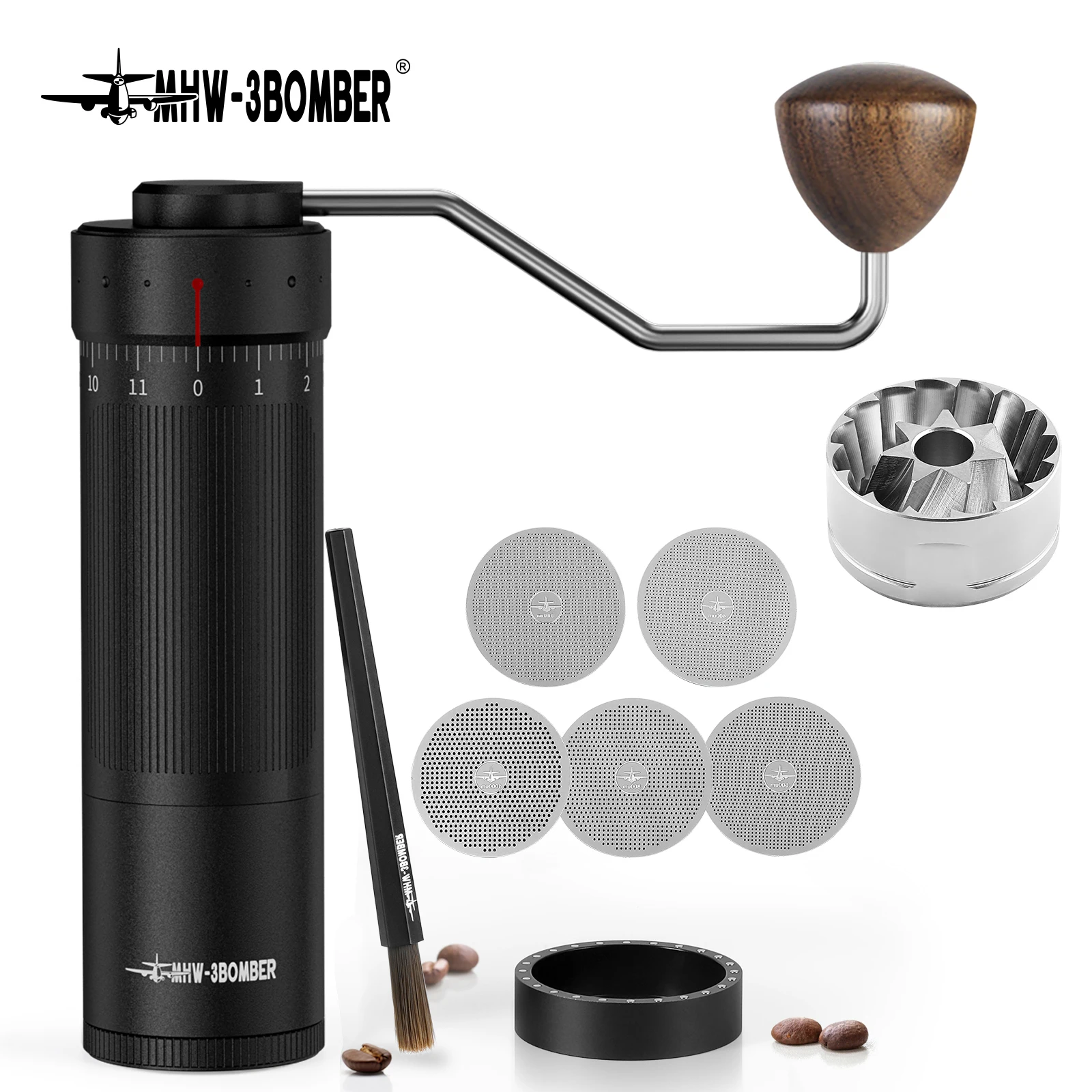 

MHW-3BOMBER Manual Coffee Grinder with Conical Burr and 5 Screen/Brush External Adjustment Hand Coffee Bean Grinder Cafe Tools