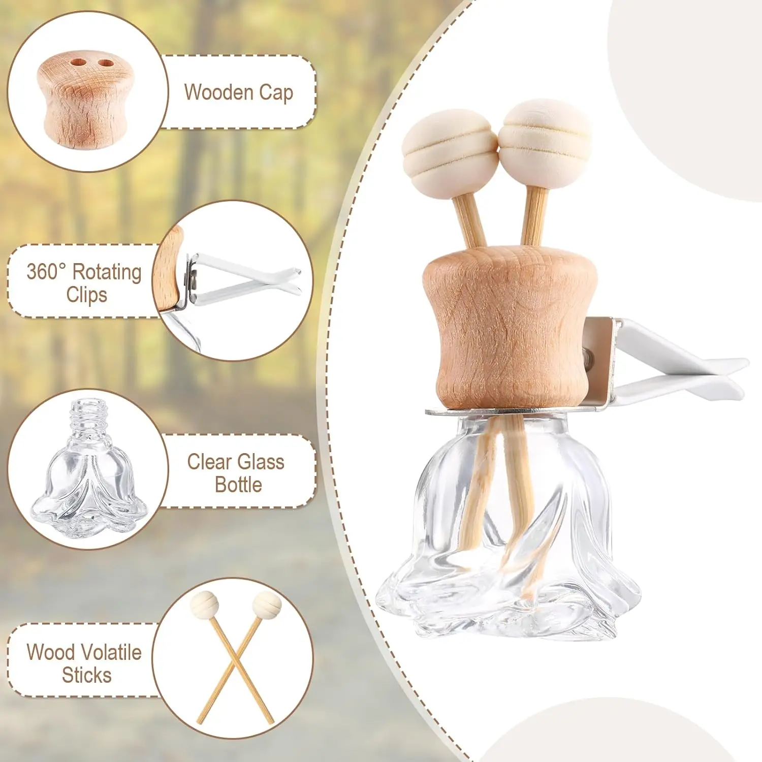 30 Stück Auto-Lufterfrischer-Diffusoren mit Clip, Leere Auto-Diffusorflaschen, Ätherisches Öl Parfüm Glasflasche mit Holzdeckeln und Stäbchen – Detail 2