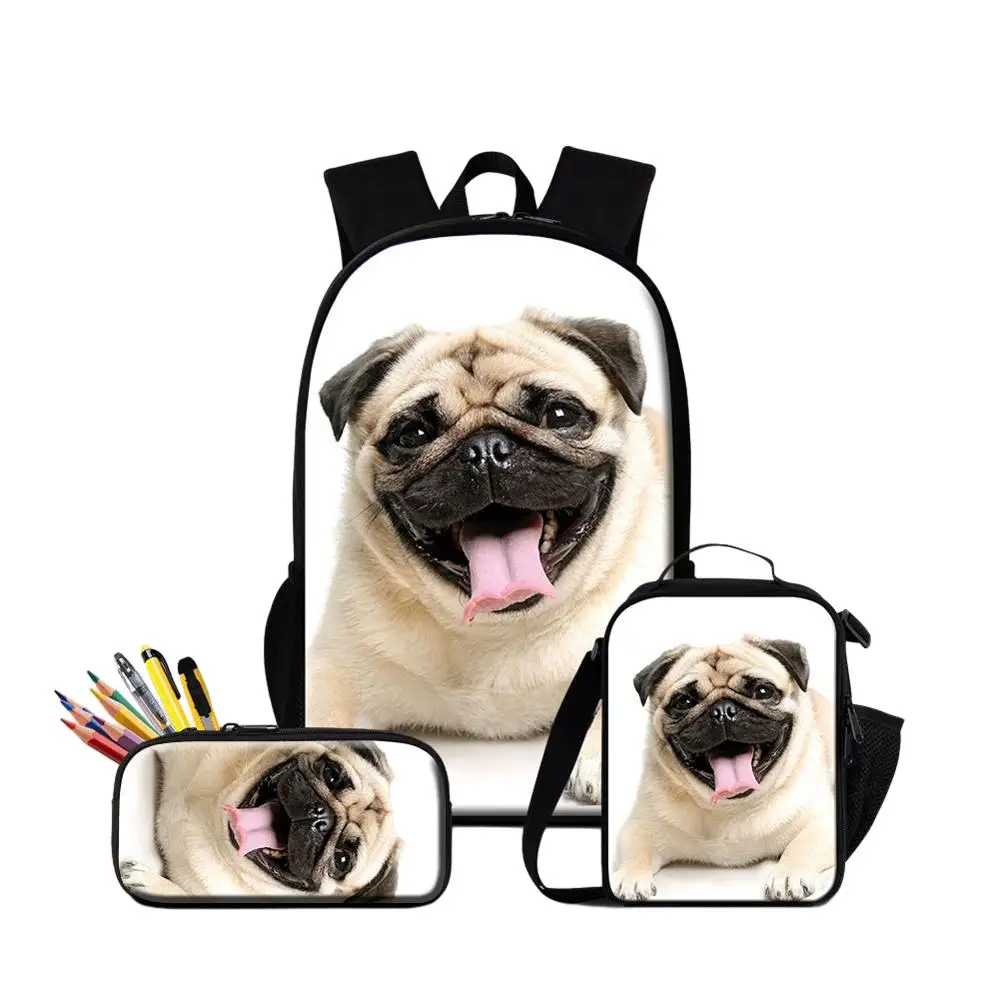 Pug Dog Printing School Backpack With Pencil Case Lunch Bag 3PCS/Set Bookbag For Girls 16 Inch Schoolbag Food Bag For Student