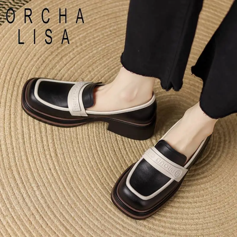 

Лоферы женские кожаные на квадратном каблуке 5 см, без застежки, большие размеры 40