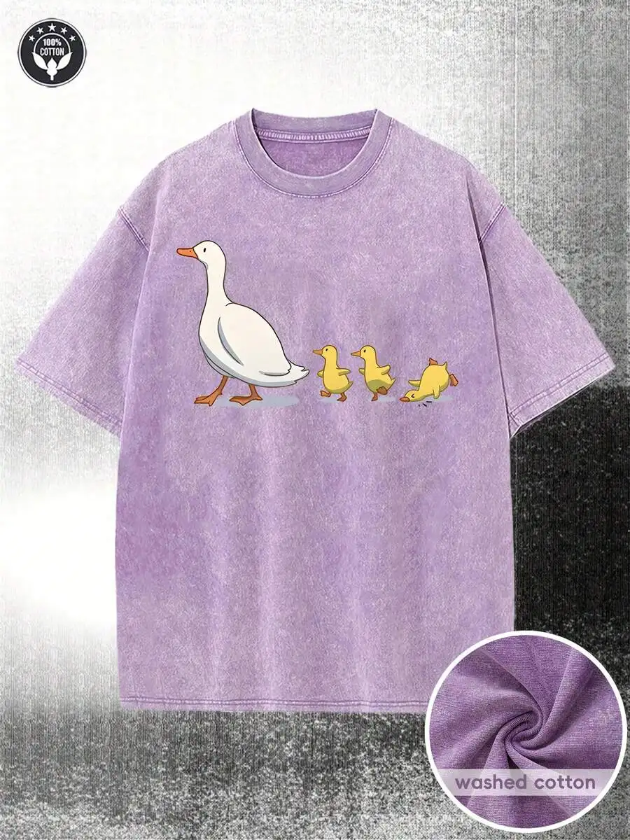 Retro Faded Oversize Cotton Graphic Tee For Men Women, Lovely Purple Mother Duck With Ducklings Pattern, All-Match Everyday Casual Tops, Novelty Holiday Present For Youth