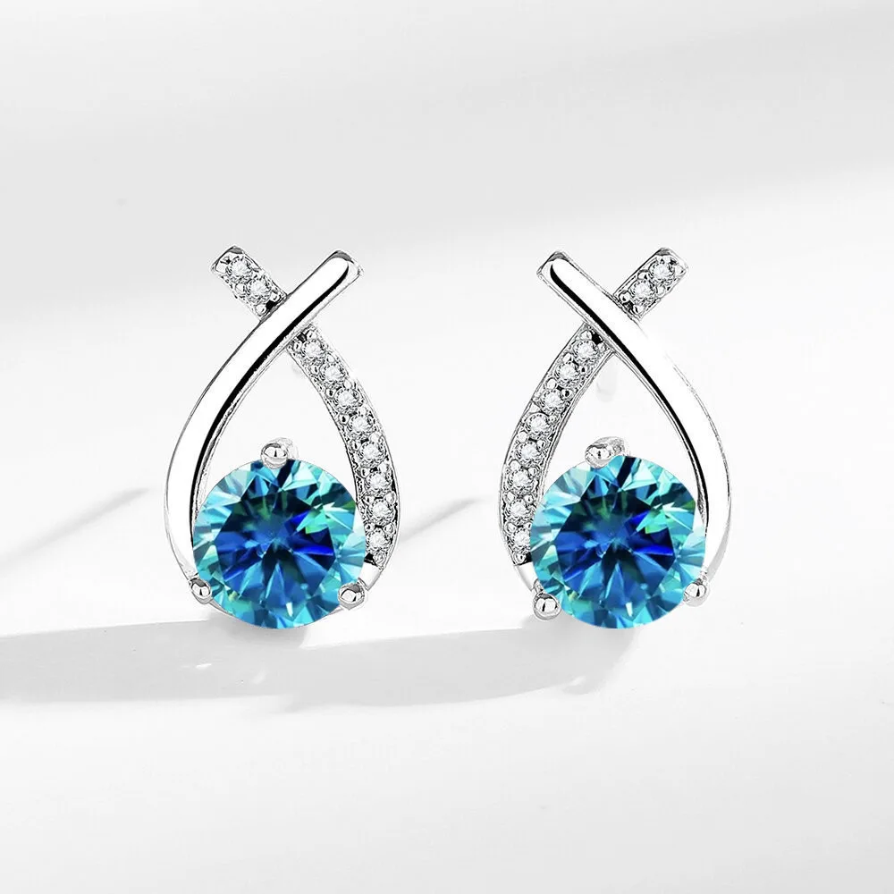 

1.2ct Round Natural Sky Blue Topaz 925 Sterling Silver Fish Tail Cross Stud Earring for Women Gemstone Jewelry Brincos de Prata