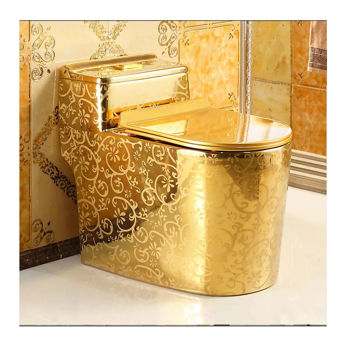 

Good Quality New Design Luxury Modern Gold Wc Water Closet Bathroom Ceramic Toilet Bowl One Piece Toilet Commode for Hotel