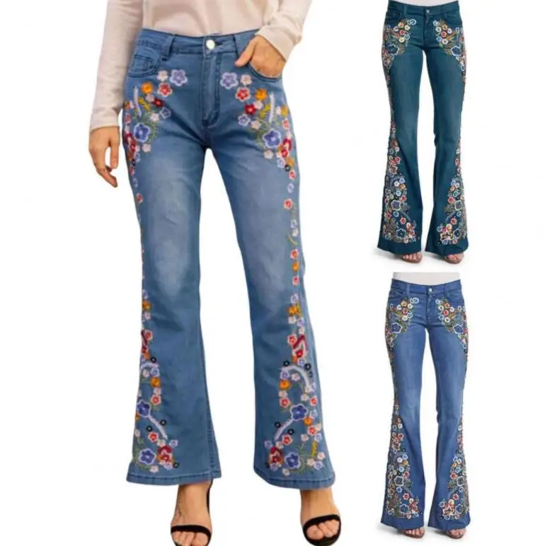 

Women's Jeans 2023 Summer Flower Embroidery Loose Vintage Flare Pants Fashion Ladies Trousers Elegant All Match Streetwear Mujer