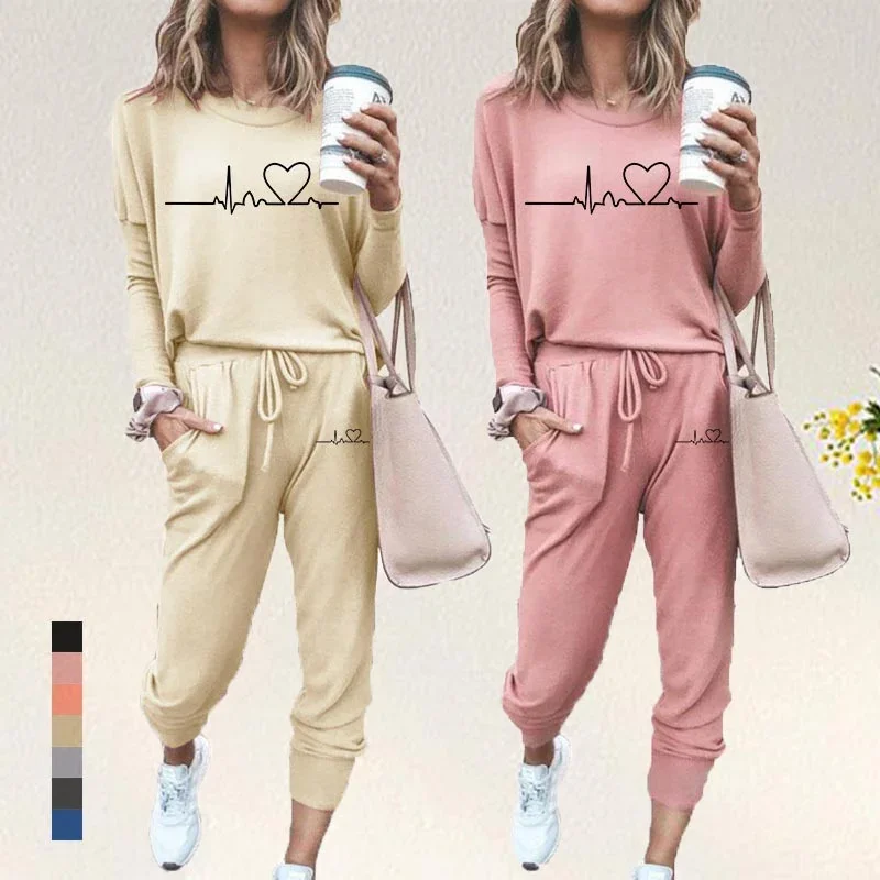 

Newest Heart Printed Ladies Shrink Sleeve Hoodie Suit Women Long Sleeve Pullover Sweatshirt Tracksuits Casual Clothing S-XXL