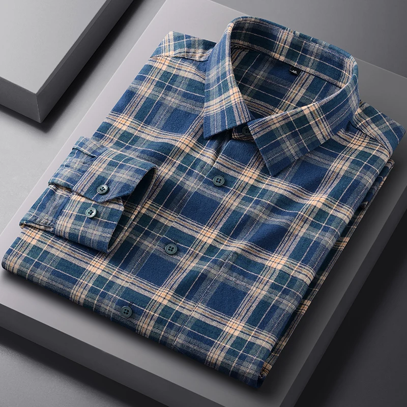 Męskie koszule z długim rękawem, wykonane w 100% z bawełny, z efektem vintage, z pojedynczym kieszeniem, w kratę, o dopasowanym kroju, codzienne, gładkie, miękkie, designerskie ubrania.