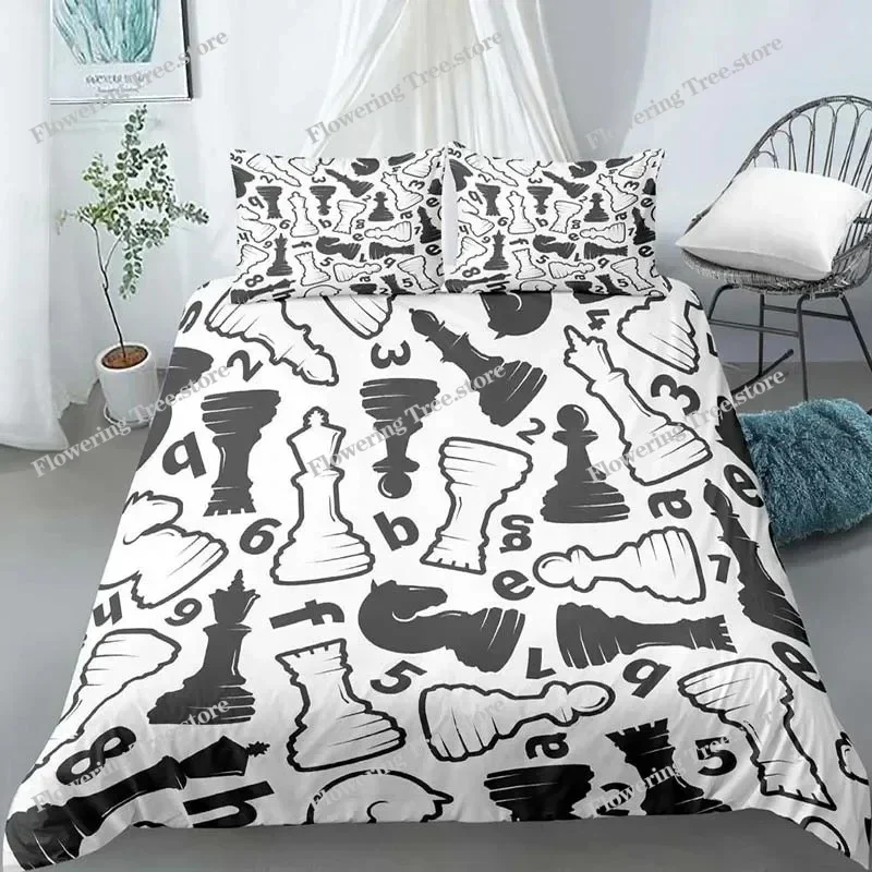 

Chess Board Duvet Cover Set 3D Print International Chess Black White Comforter Cover for Kids Boys Girls Polyester Bedding Set