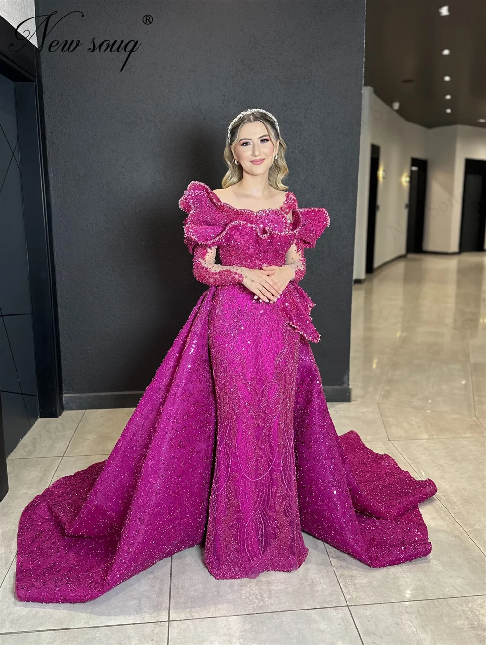 

Arabic Fuchsia Beading Evening Dresses Two Pieces Detachable Skirt Crystals Birthday Party Second ReceptionGowns Customized Prom