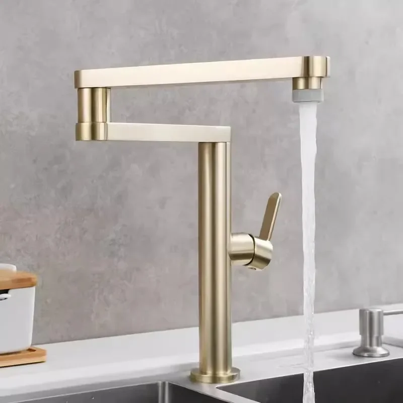 Brushed Gold Kitchen Faucet Foldable Pot Filler Tap Deck Mounted Sink Faucet Hot and Cold  Sink Tap Rotate Folding Spout  Brass