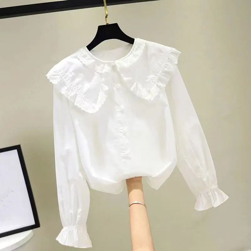 قميص بناتي أبيض للربيع والخريف 2026 نمط كوري جديد أنيق بأكمام طويلة وياقة مكشكشة من الدانتيل وطبقة أساسية للأطفال #5