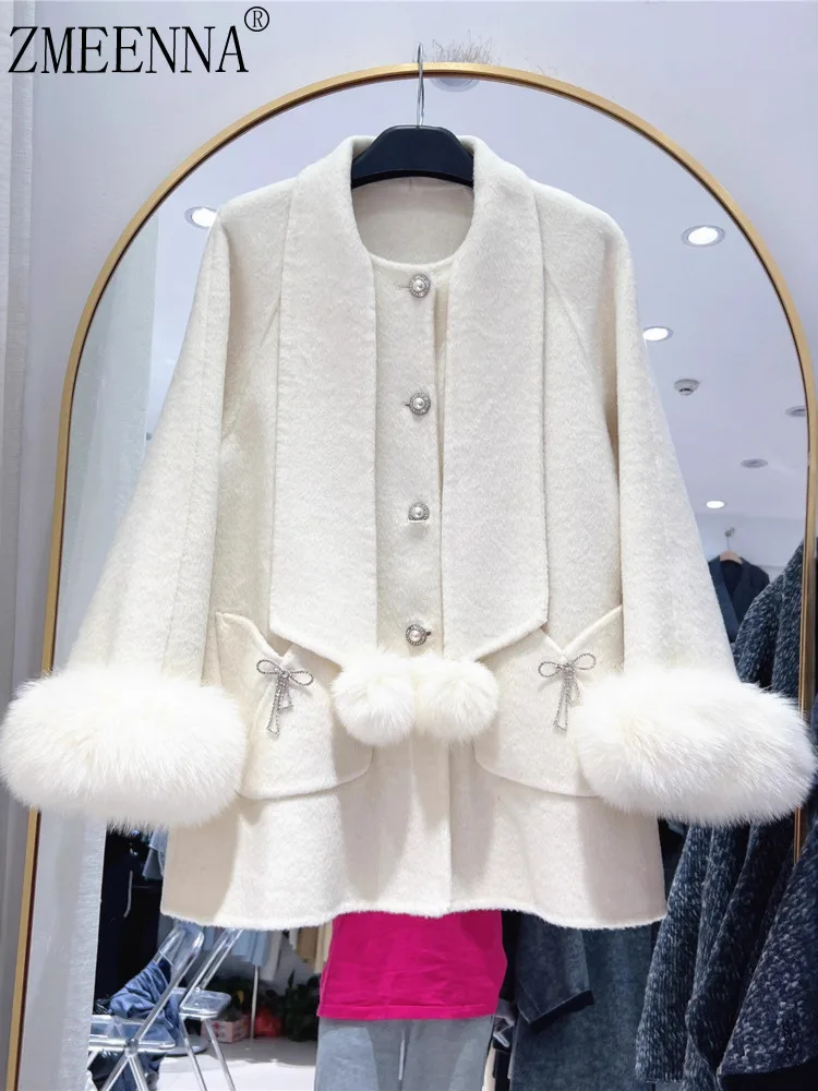 

ZMEENNA женское полушерстяное пальто с круглым вырезом, короткими и длинными рукавами, манжетами из искусственного меха, с помпонами, зимняя куртка, верхняя одежда ZM4405