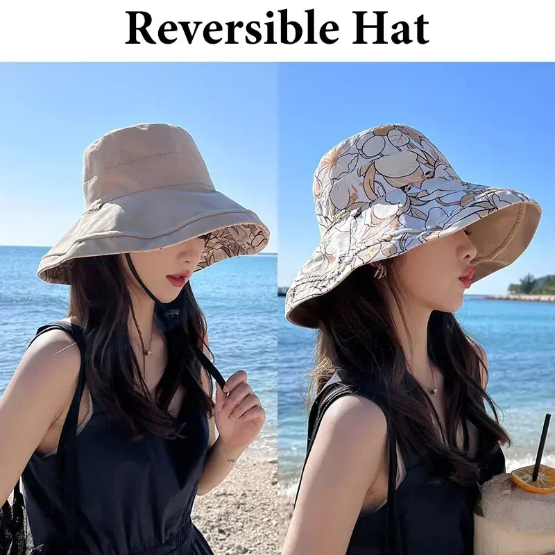 2024 Summer Reversible Sun Beach Hat Woman Girl Spring Outdoor Travel Vacation Fisherman Cap Fashion 12.5cm Wide Brim Visor Hat