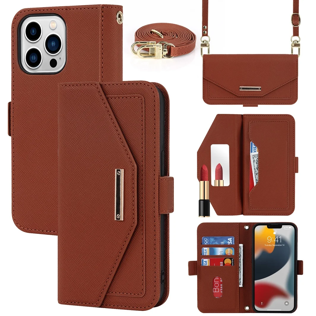 

Leather Makeup Wallet Case For iPhone 11 12 13 14 15 Pro Max X XR XS Mini 7 8 Plus Card Holder Long Strap Phone Bag Cover Mirror