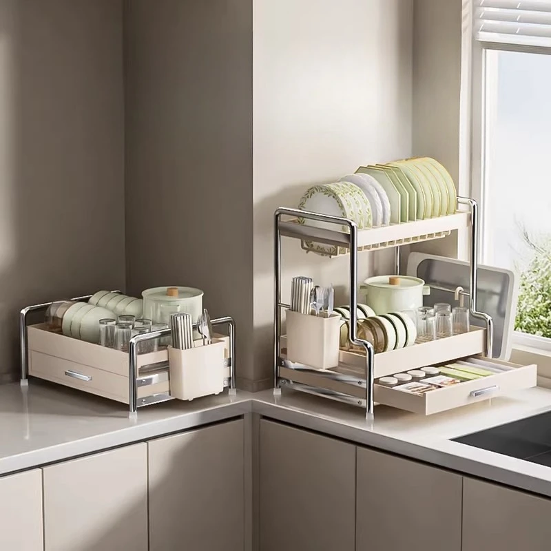 Kitchen Drain Dish Rack Multifunctional Shelf Dish and Chopsticks Storage Rack Household Double Drain Basket All Metal
