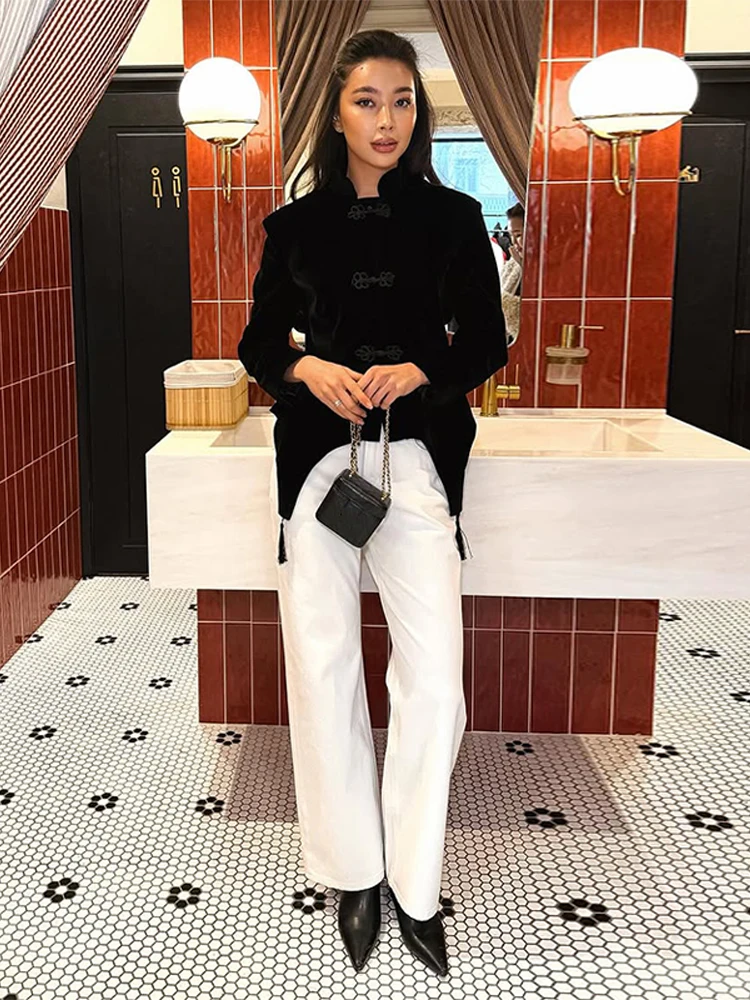 Black Stand Collar Button Women's Jackets Sheath Elastic Long Sleeve Lady Coat 2026 Spring Autumn Streetwear Female Outwear