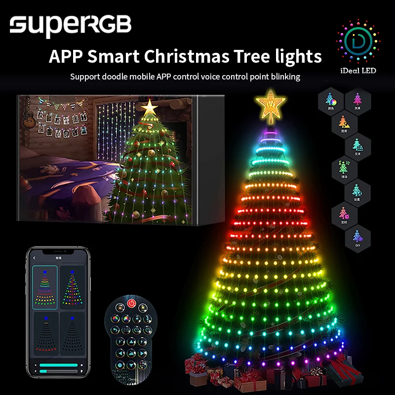 สมาร์ทต้นคริสต์มาส Toppers ไฟ App DIY ภาพ LED RGB String Light บลูทูธควบคุม LED Star String น้ําตก Xmas