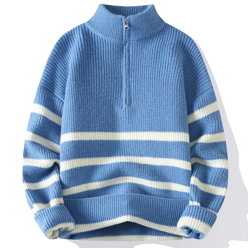 2023 New Fall Winter Zipper Turtleneck Striped Sweater Men High End Mens Christmas Sweaters Thick Warm Pullover Man Knitwear