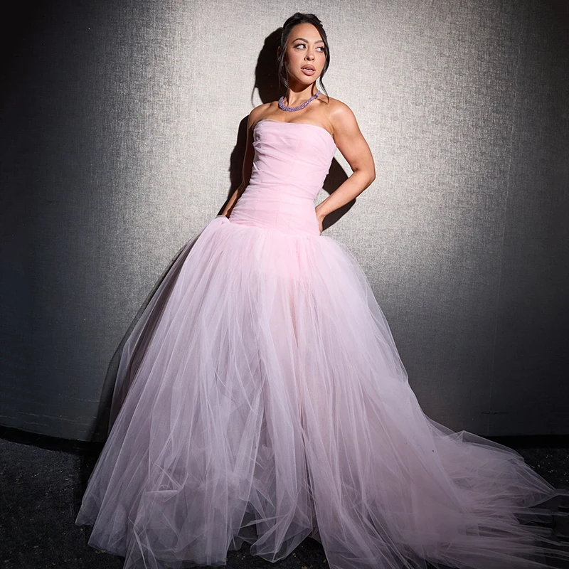

Thinyfull Pink A-Line Prom Evening Dresses Strapless Tulle Floor Length Party Dress Saudi Arabia Cocktail Prom Gown Customized