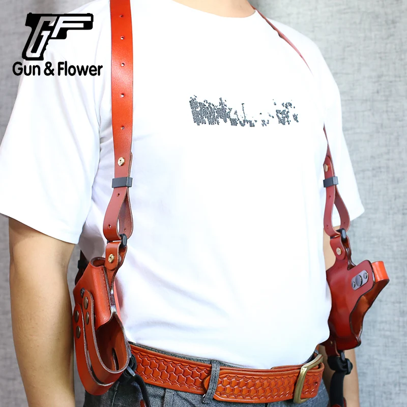 Gun&Flower Shoulder Carry Pistol Leather Holster with Double Mag Pouch Outdoor Tactical Gun Holder For Glock17/19/43